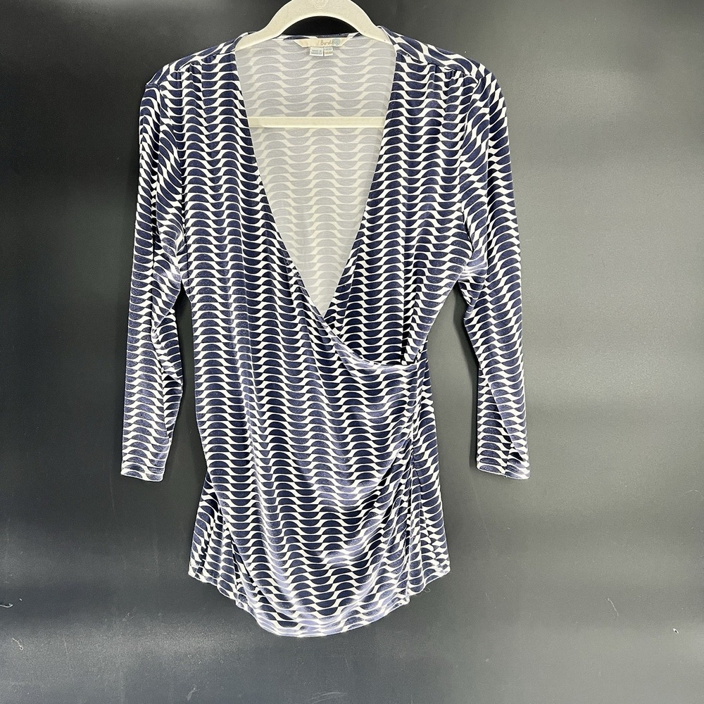 Boden Blouse Women's Size 10 Faux Wrap Navy / White Top Minimalist Shirt